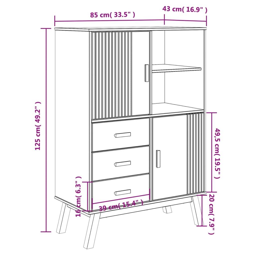 Highboard OLDEN Brown 33.5"x16.9"x49.2" Solid Wood Pine