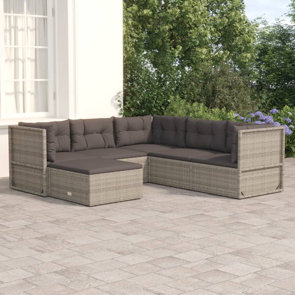 6 Piece Patio Lounge Set with Cushions Gray Poly Rattan