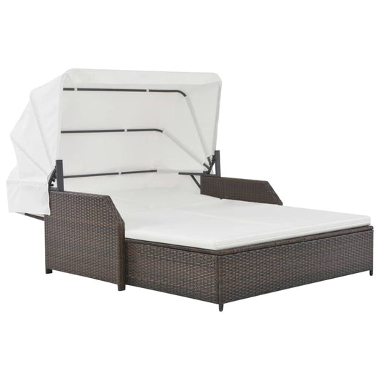 2-Person Sun Lounger with Canopy Poly Rattan Brown