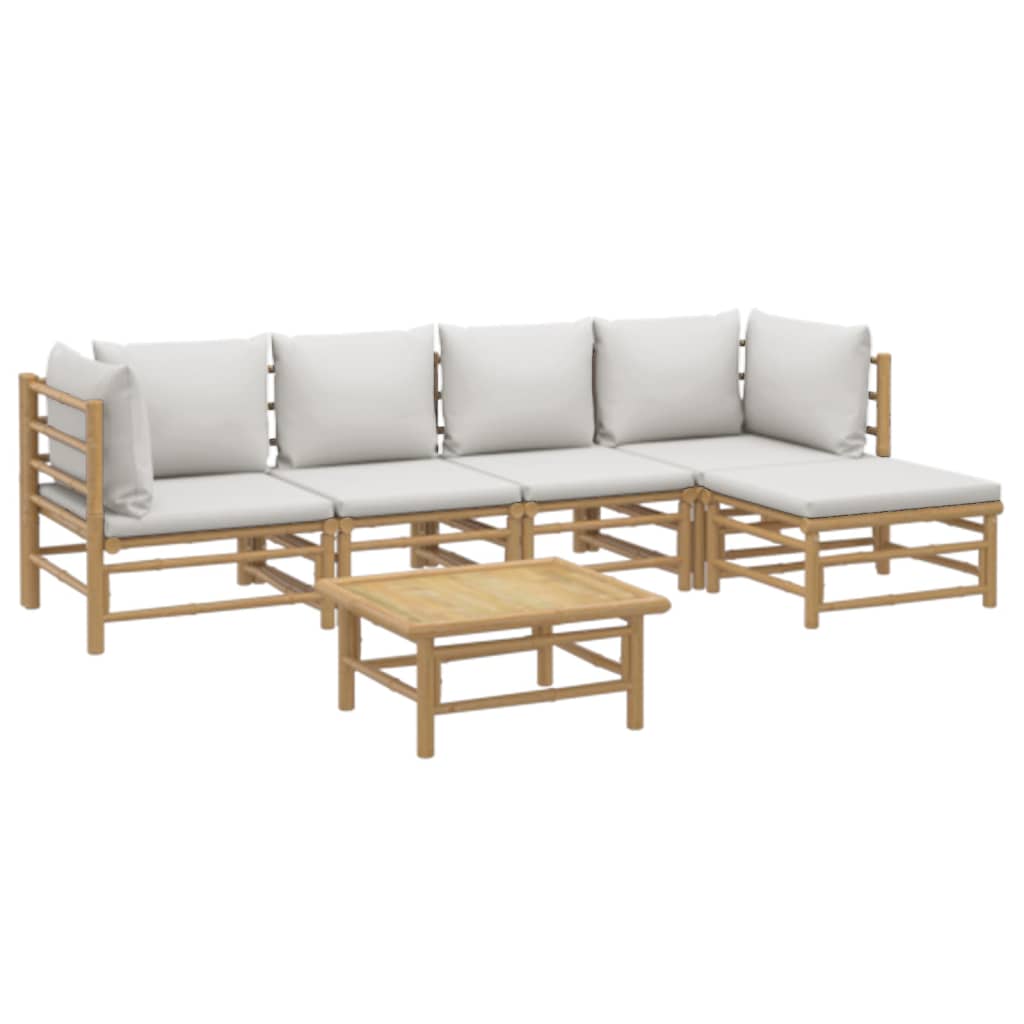 6 Piece Patio Lounge Set with Light Gray Cushions Bamboo