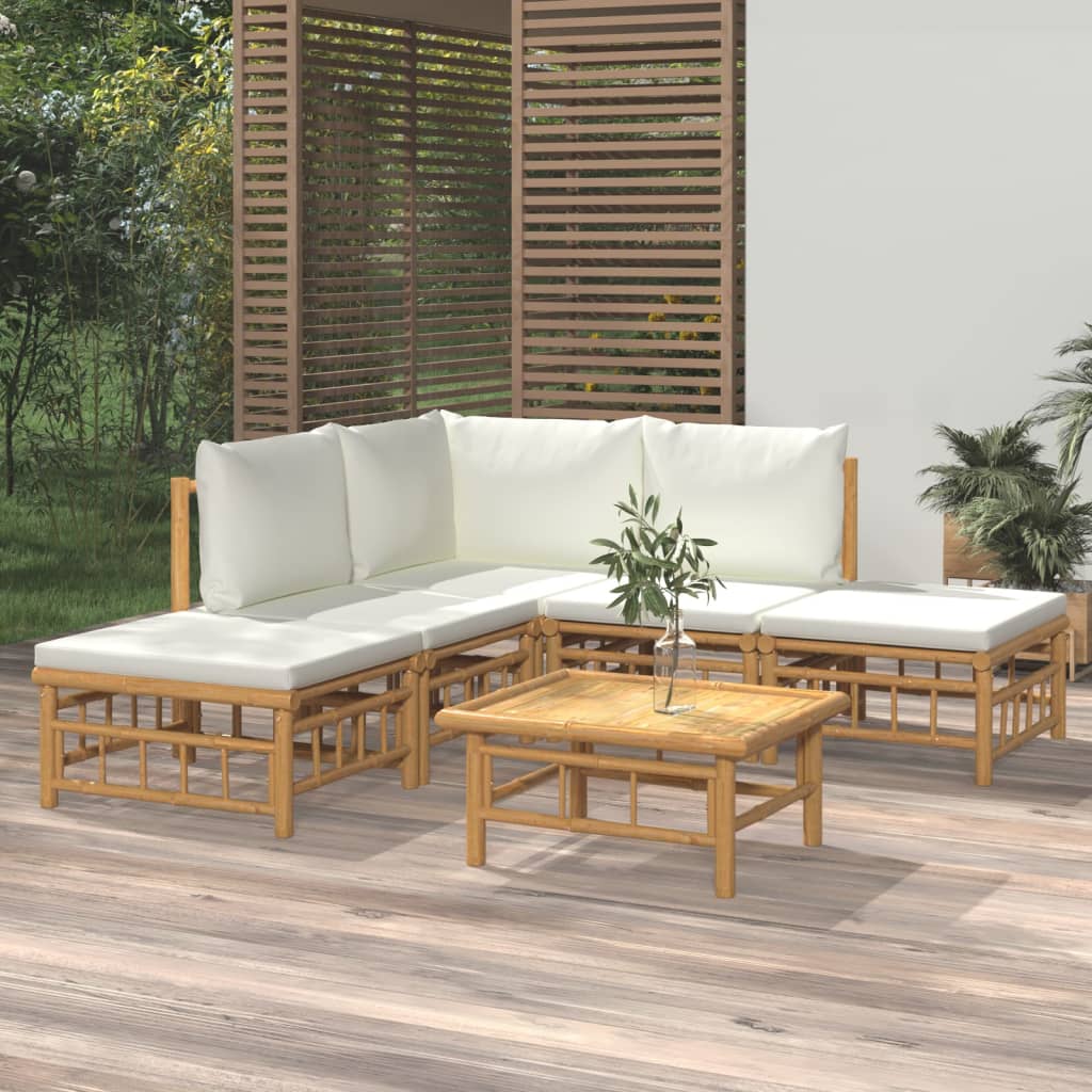 6 Piece Patio Lounge Set with Cream White Cushions Bamboo