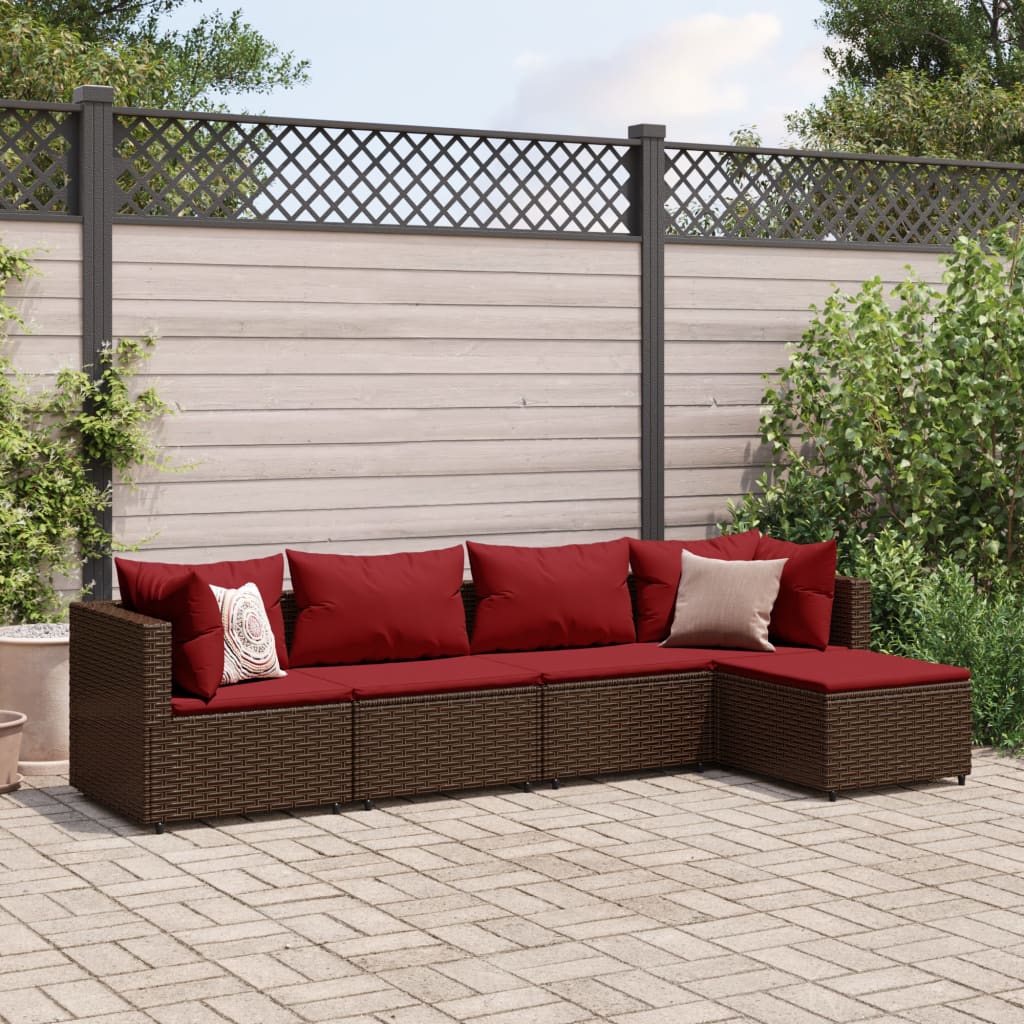 5 Piece Patio Lounge Set with Cushions Brown Poly Rattan