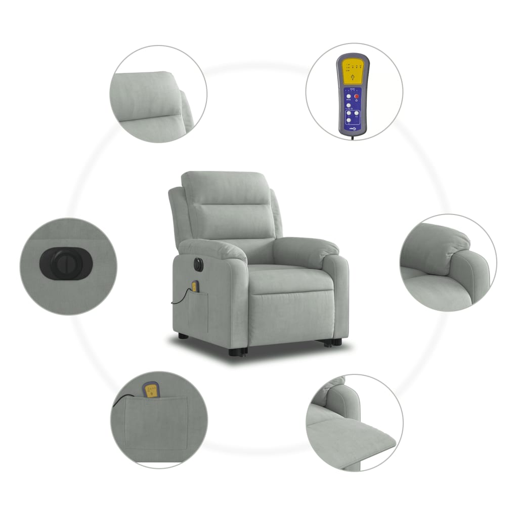 Electric Stand up Massage Recliner Chair Light Gray Velvet