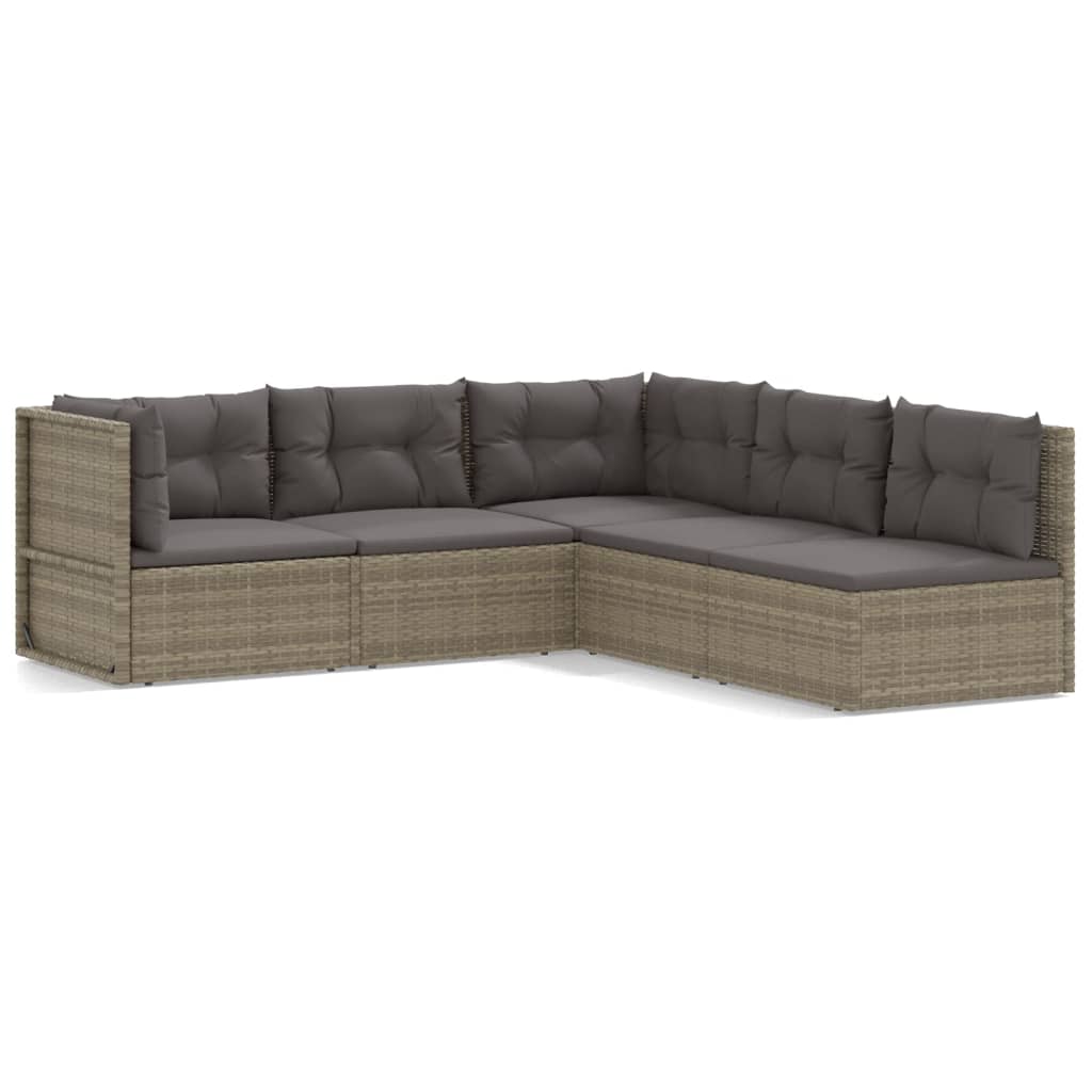 5 Piece Patio Lounge Set with Cushions Gray Poly Rattan