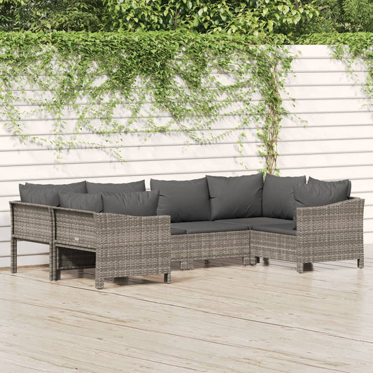 6 Piece Patio Lounge Set with Cushions Gray Poly Rattan