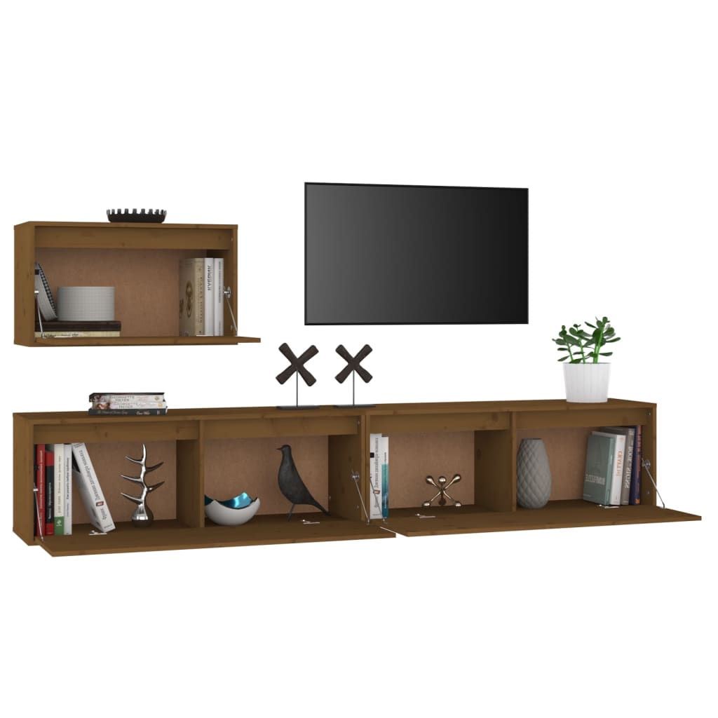 TV Stands 3 pcs Honey Brown Solid Wood Pine