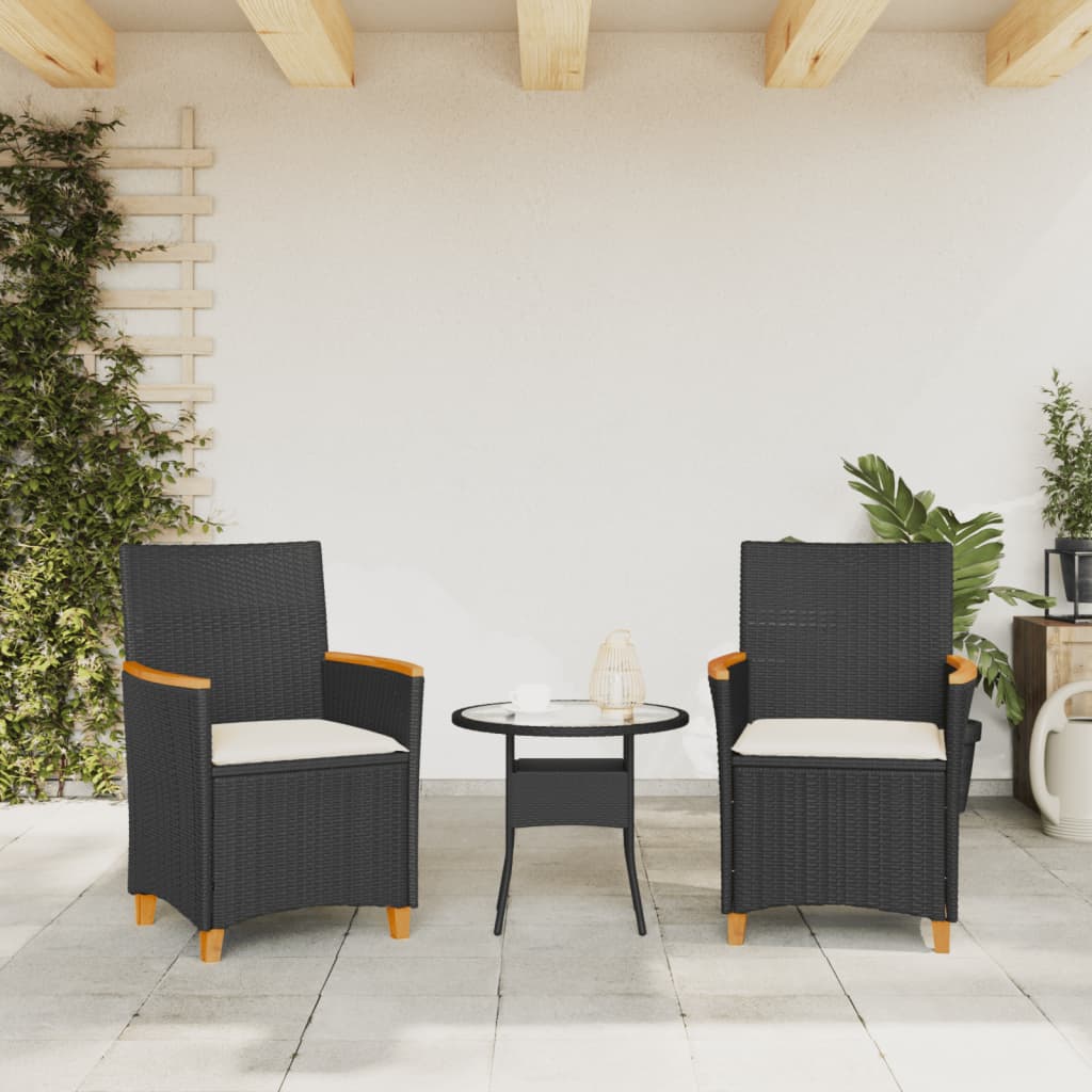 Patio Chairs with Cushions 2 pcs Black Poly Rattan&Solid Wood