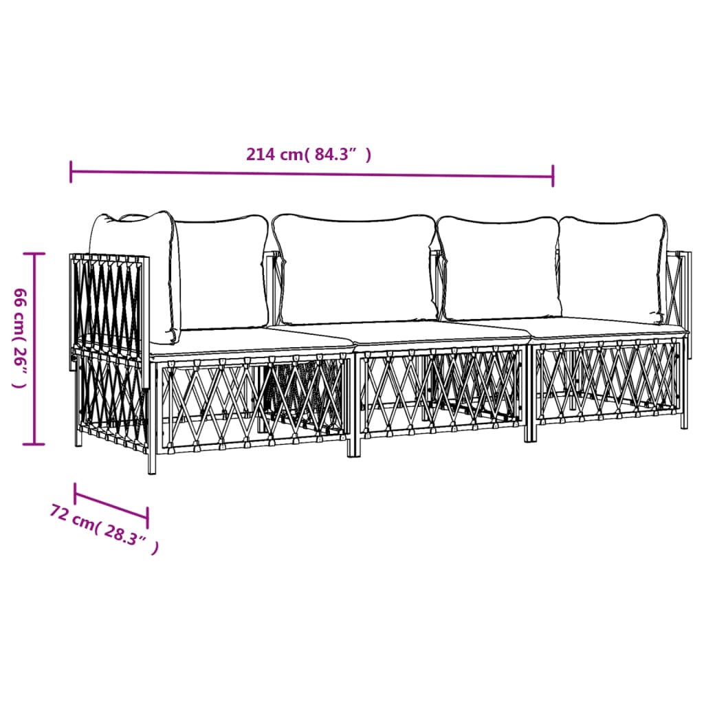 3 Piece Patio Lounge Set with Cushions White Steel