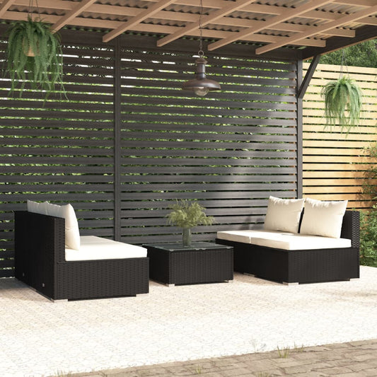 5 Piece Patio Lounge Set with Cushions Poly Rattan Black