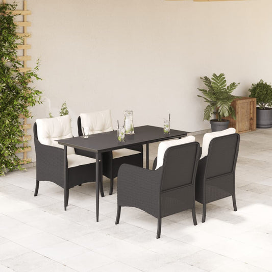 5 Piece Patio Dining Set with Cushions Black Poly Rattan