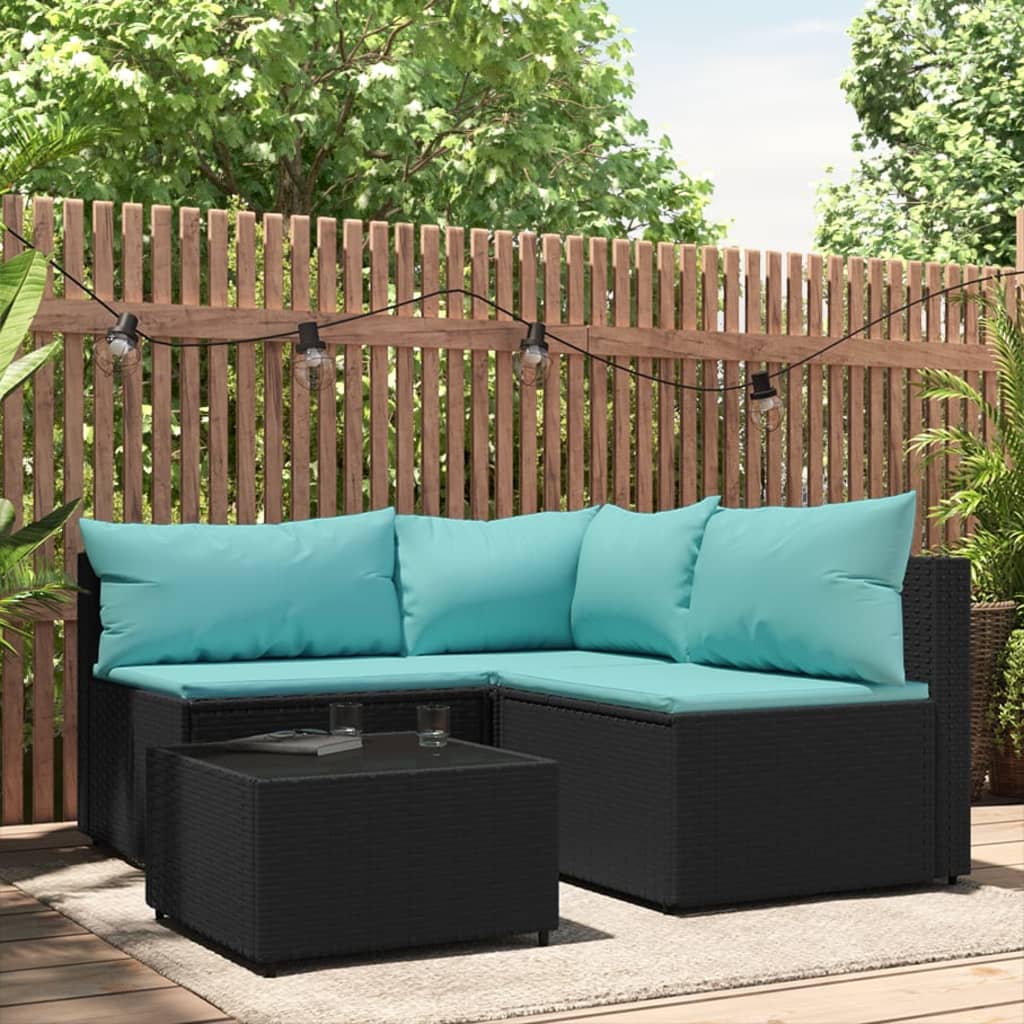 4 Piece Patio Lounge Set with Cushions Black Poly Rattan