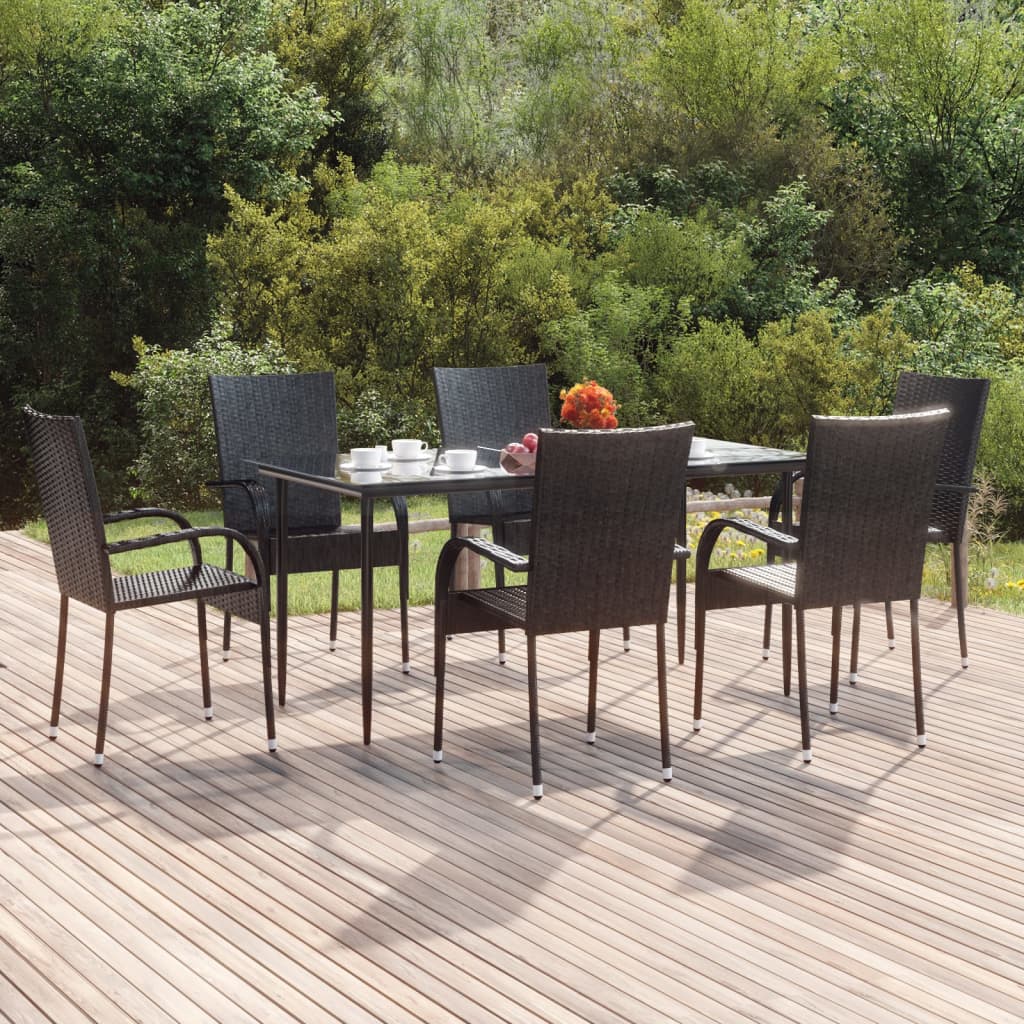 7 Piece Patio Dining Set Black Poly Rattan