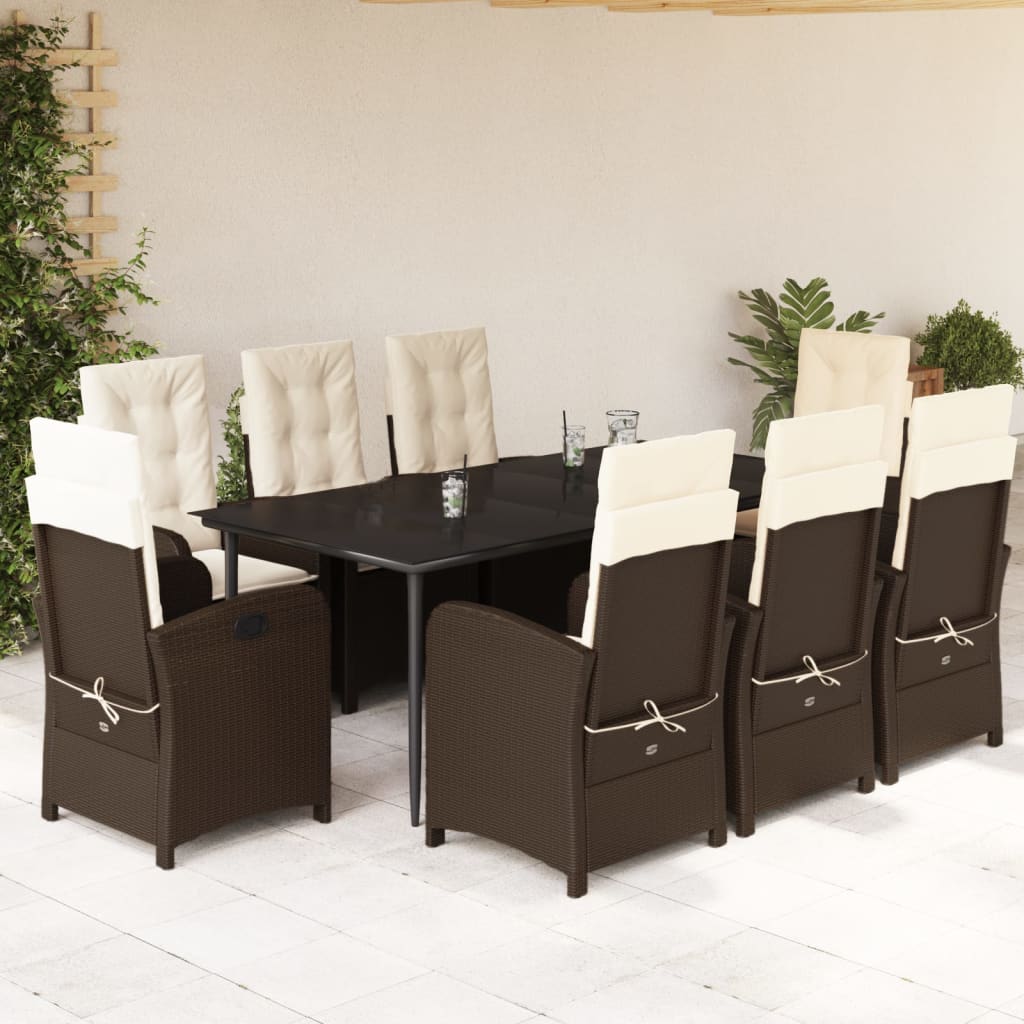 9 Piece Patio Dining Set with Cushions Brown Poly Rattan