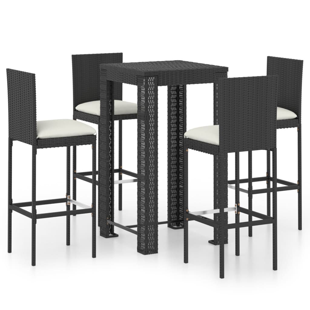 5 Piece Patio Bar Set with Cushions Poly Rattan Black