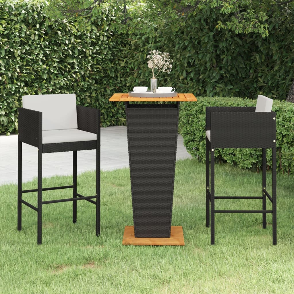 3 Piece Patio Bar Set with Cushions Poly Rattan Black