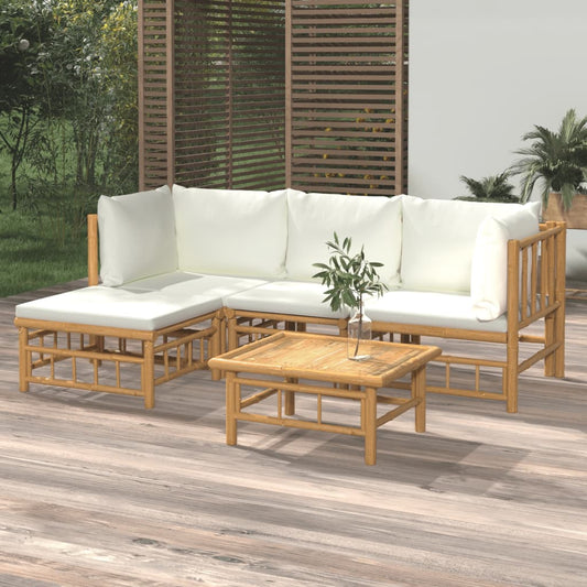 5 Piece Patio Lounge Set with Cream White Cushions Bamboo