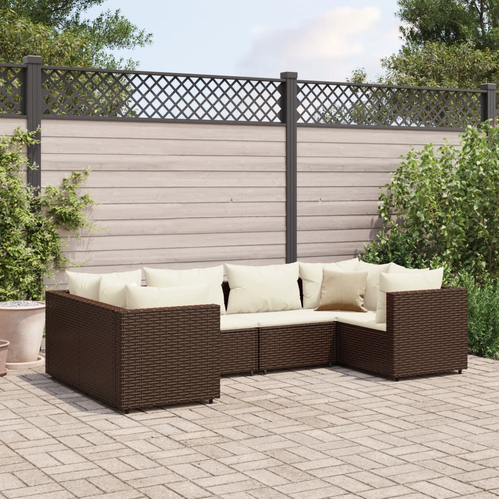 6 Piece Patio Lounge Set with Cushions Brown Poly Rattan