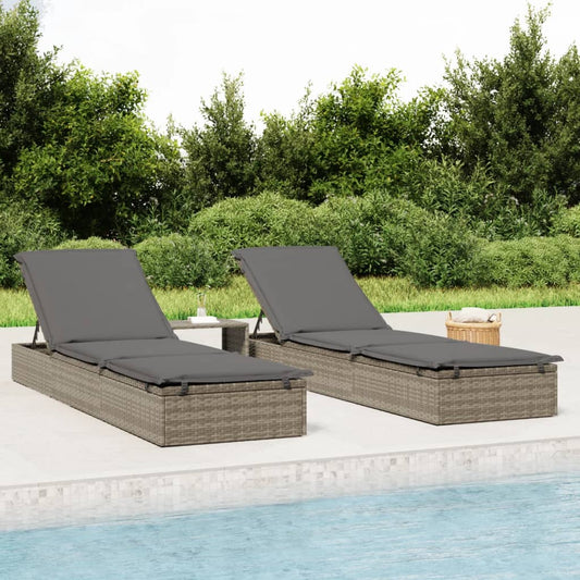 Sunbeds 2 pcs with Table Gray Poly Rattan