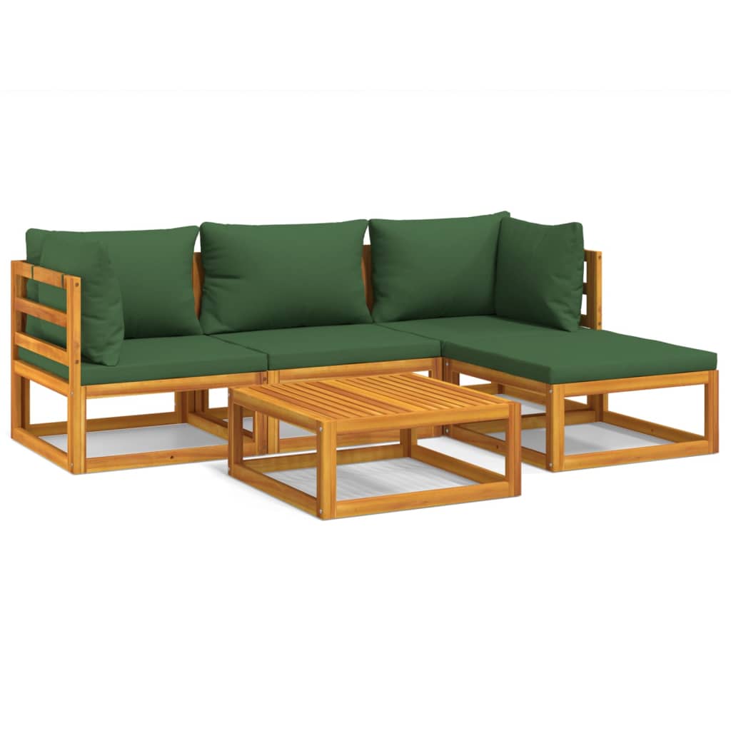 5 Piece Patio Lounge Set with Green Cushions Solid Wood