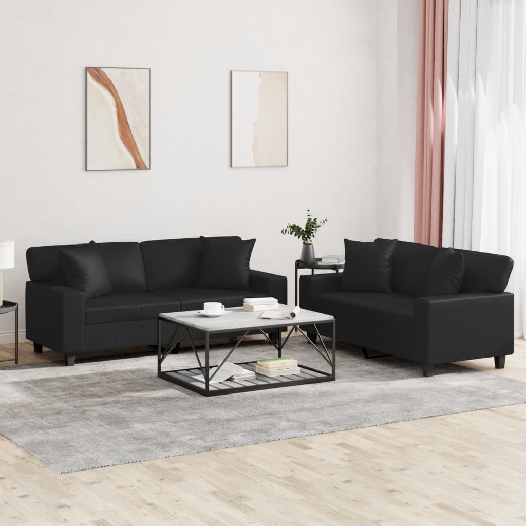 2 Piece Sofa Set with Pillows Black Faux Leather