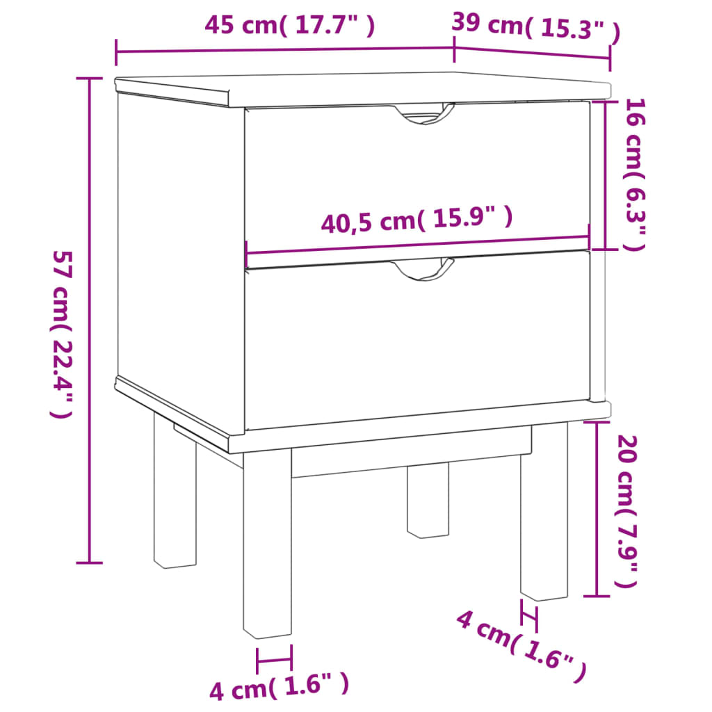 Bedside Cabinet OTTA 17.7"x15.4"x22.4" Solid Wood Pine