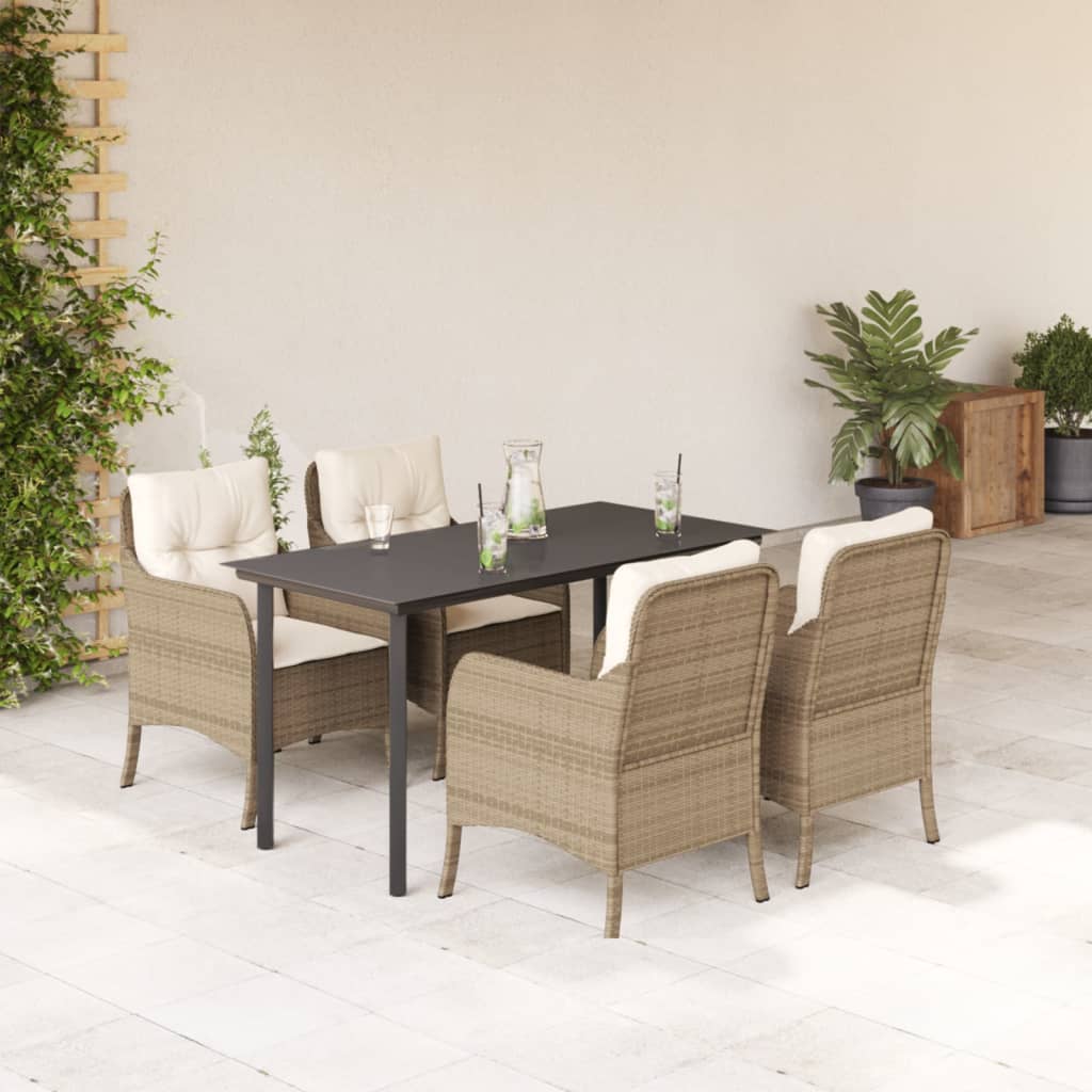 5 Piece Patio Dining Set with Cushions Beige Poly Rattan