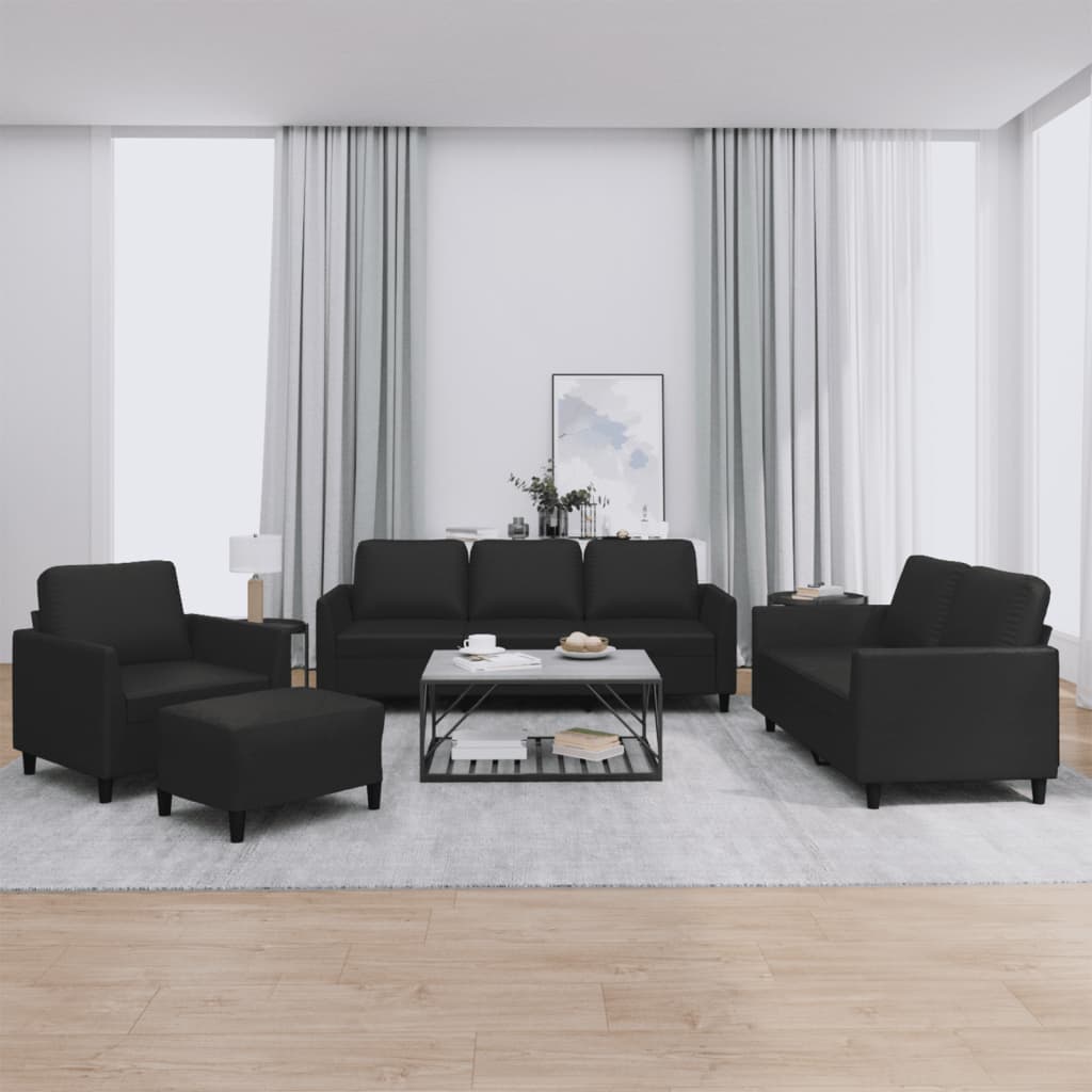 4 Piece Sofa Set with Cushions Black Faux Leather