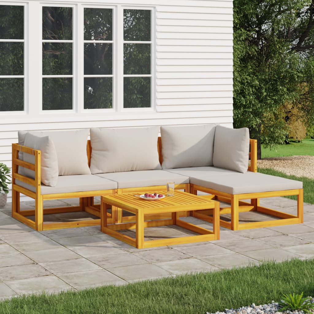 5 Piece Patio Lounge Set with Light Gray Cushions Solid Wood