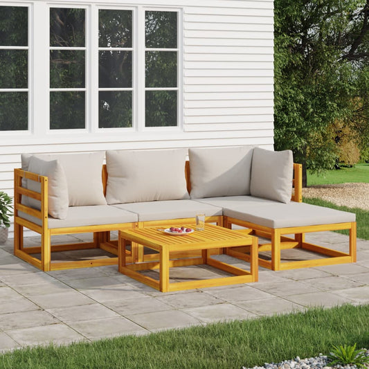 5 Piece Patio Lounge Set with Light Gray Cushions Solid Wood