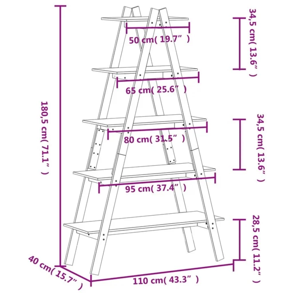 5-Tier Shelf A-shape 43.3"x15.7"x71.1" Solid Wood Pine