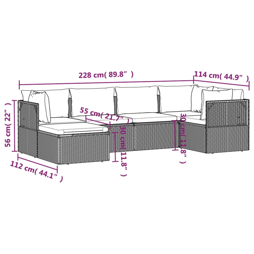 6 Piece Patio Lounge Set with Cushions Gray Poly Rattan