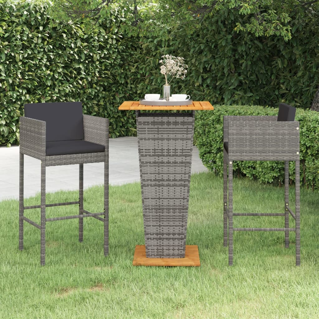 3 Piece Patio Bar Set with Cushions Poly Rattan Gray