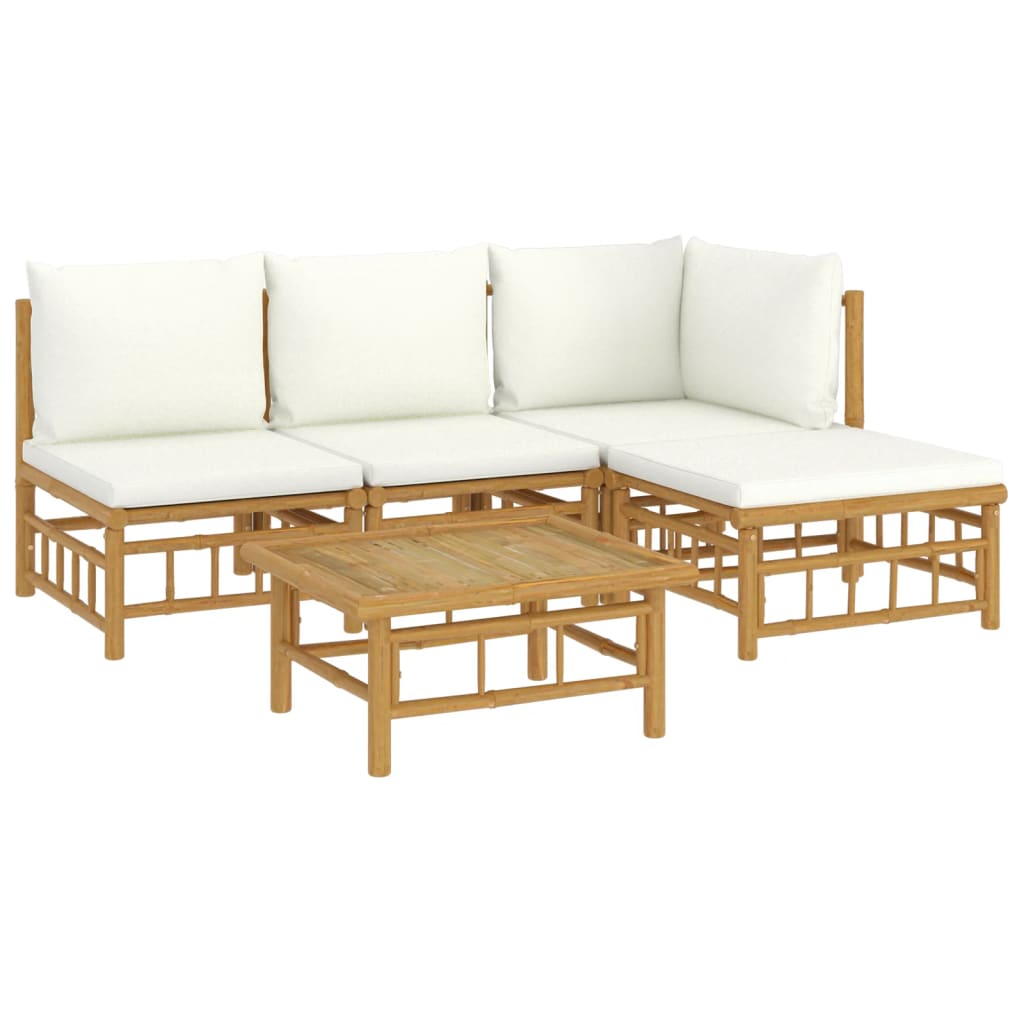 5 Piece Patio Lounge Set with Cream White Cushions Bamboo