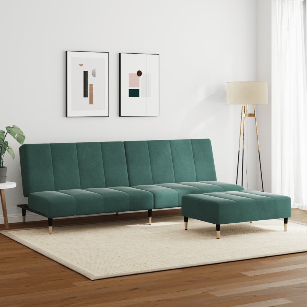 2-Seater Sofa Bed with Footstool Dark Green Velvet