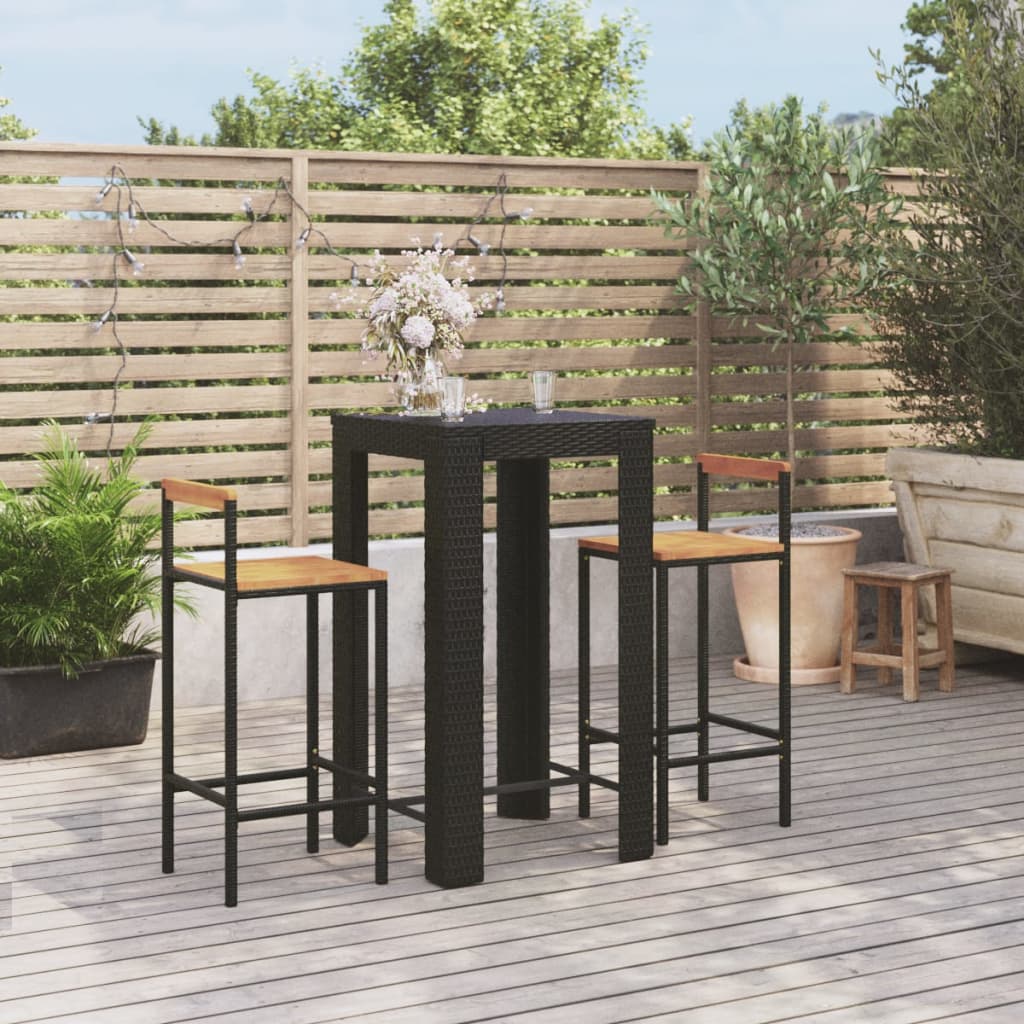 3 Piece Patio Bar Set Black Poly Rattan&Solid Wood Acacia