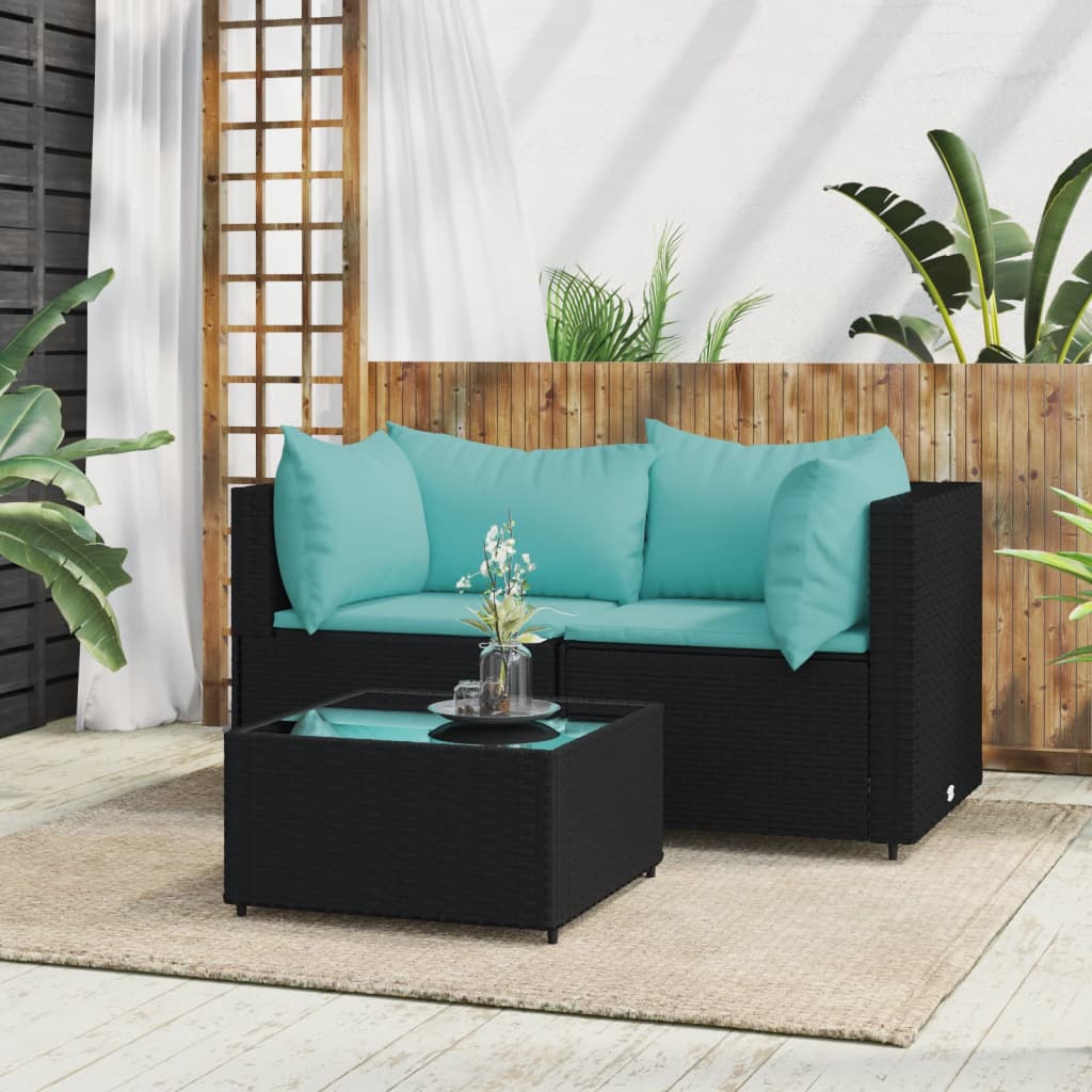 3 Piece Patio Lounge Set with Cushions Black Poly Rattan