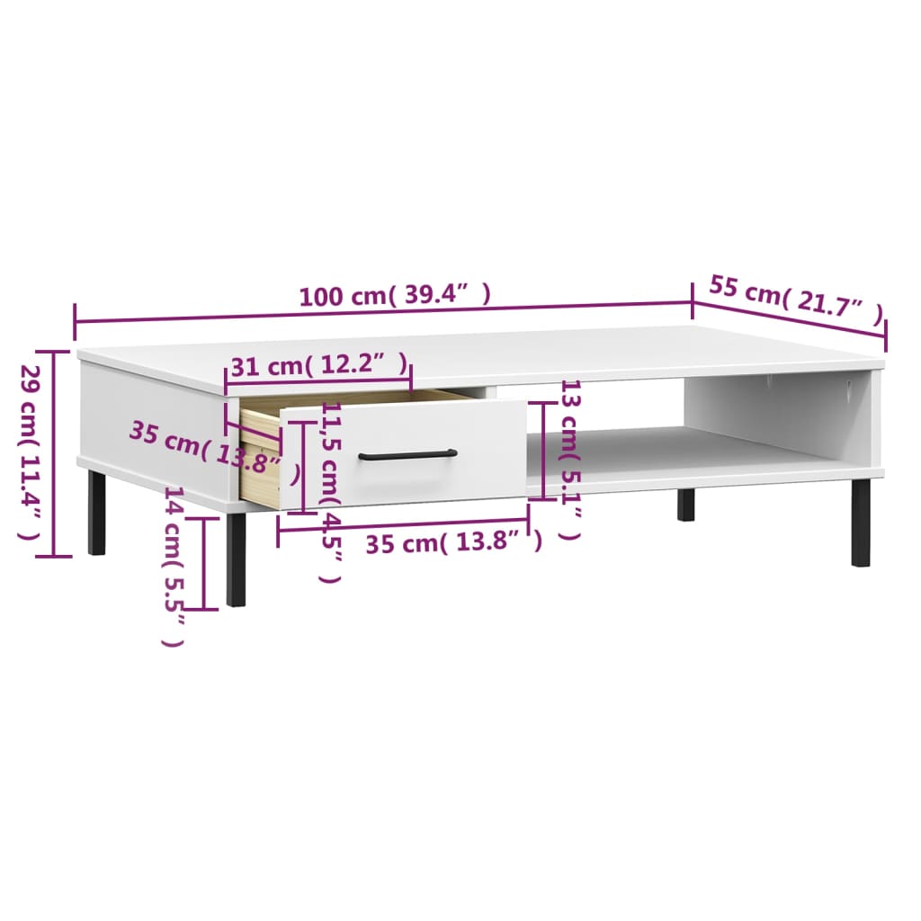 Coffee Table with Metal Legs White Solid Wood Pine OSLO