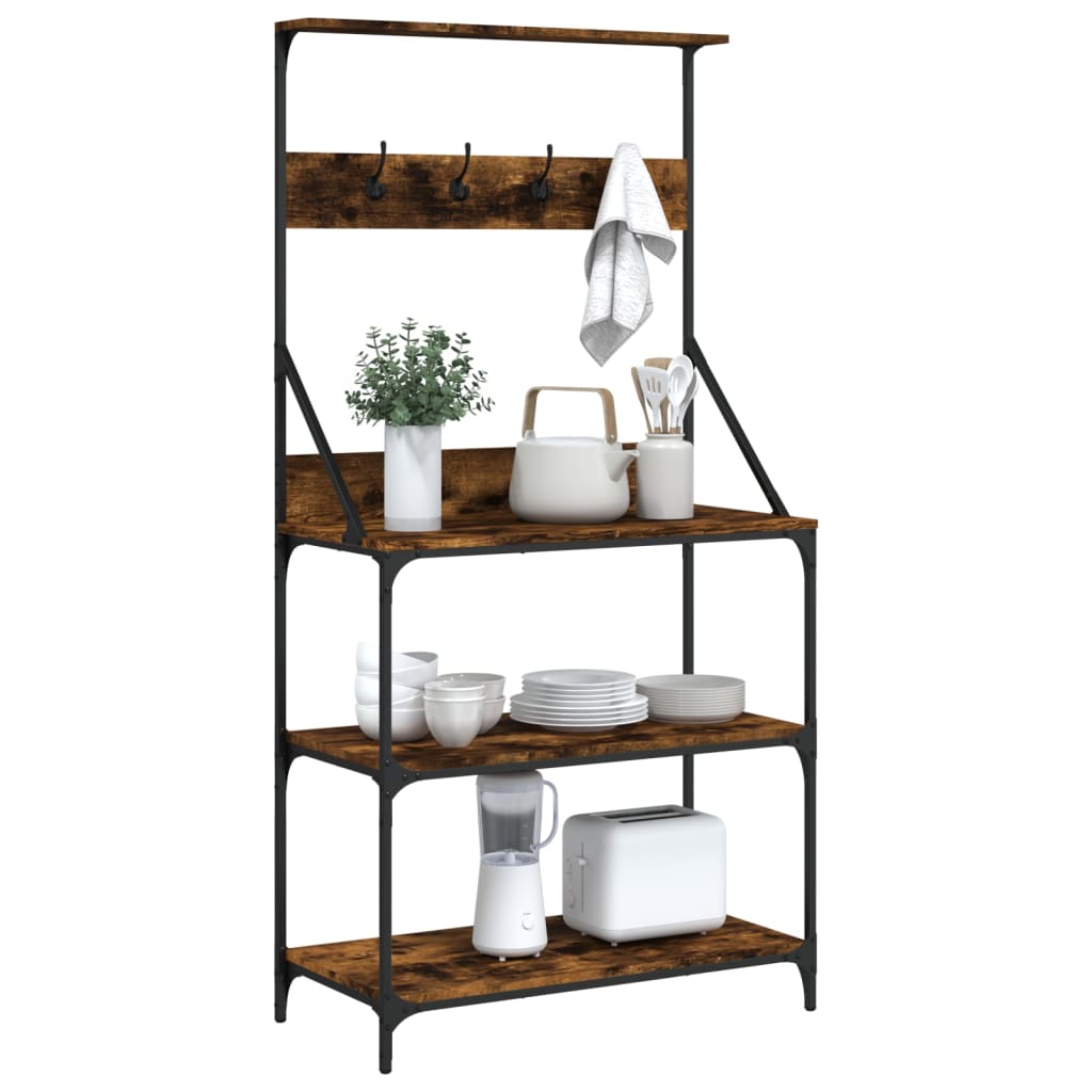 Baker's Rack with Hooks 4-Tier Smoked Oak Engineered Wood