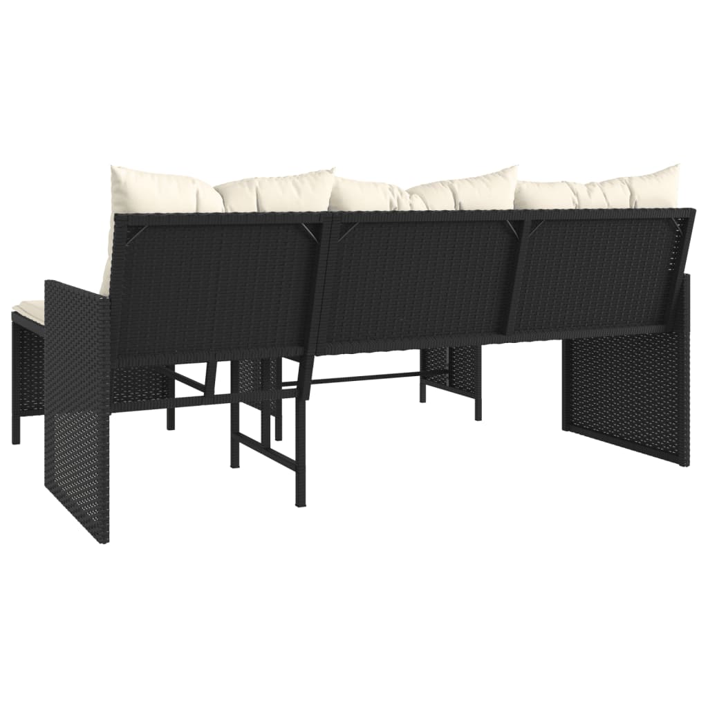 Patio Sofa with Table and Cushions L-Shaped Black Poly Rattan