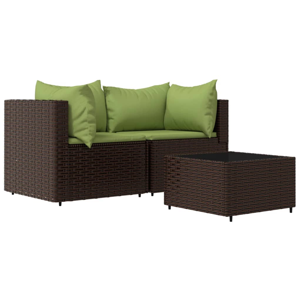 3 Piece Patio Lounge Set with Cushions Brown Poly Rattan