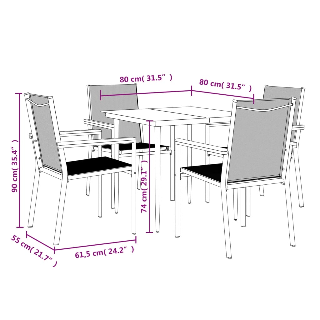 5 Piece Patio Dining Set Black Textilene and Steel