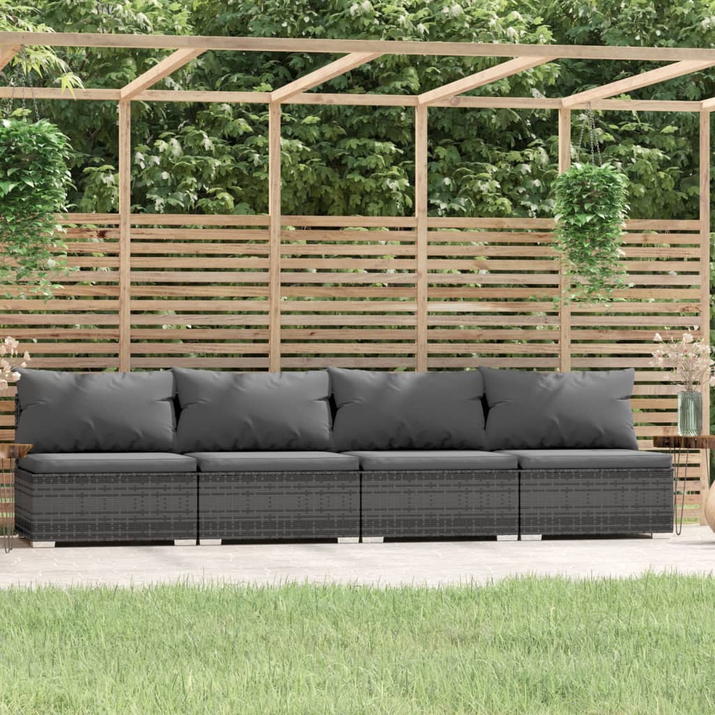 4 Seater Sofa with Cushions Gray Poly Rattan