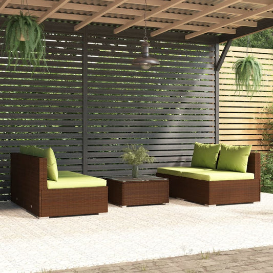 5 Piece Patio Lounge Set with Cushions Poly Rattan Brown