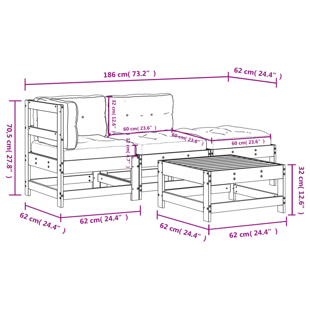 4 Piece Patio Lounge Set with Cushions White Solid Wood