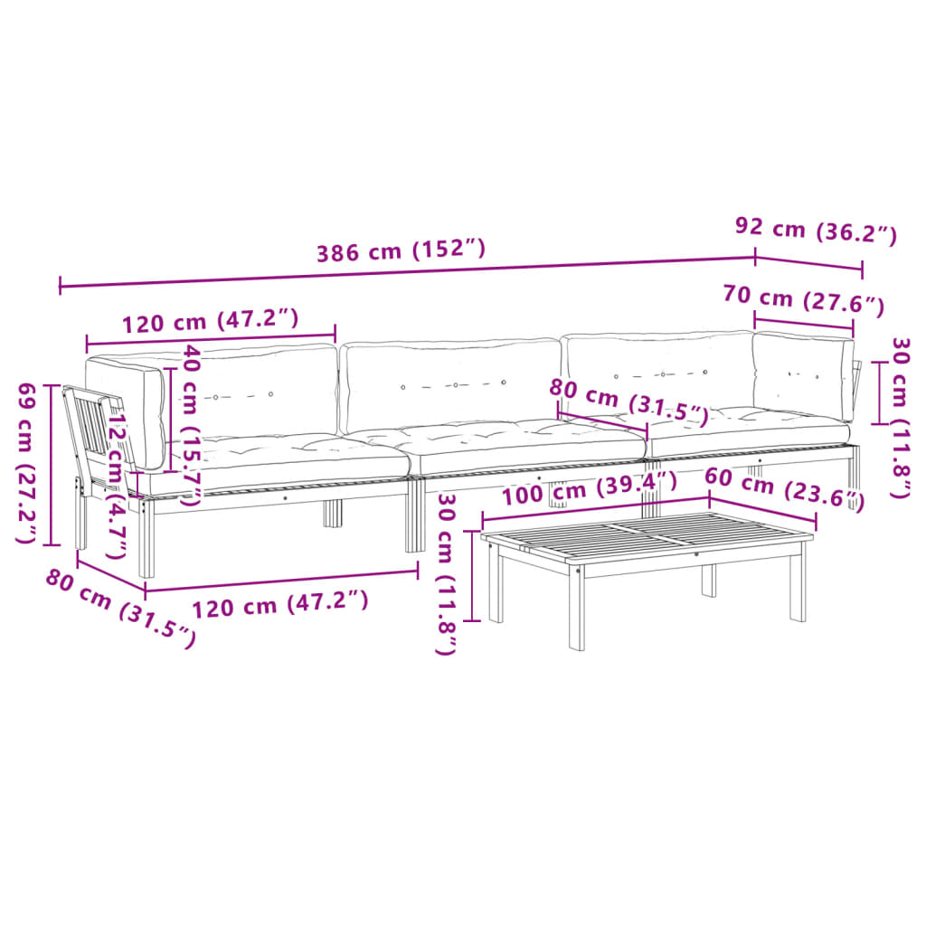 4 Piece Patio Pallet Sofa Set with Cushions Solid Wood Acacia