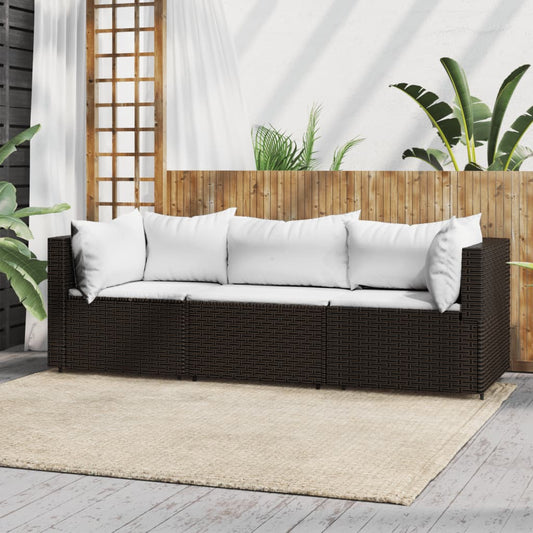 3 Piece Patio Lounge Set with Cushions Brown Poly Rattan