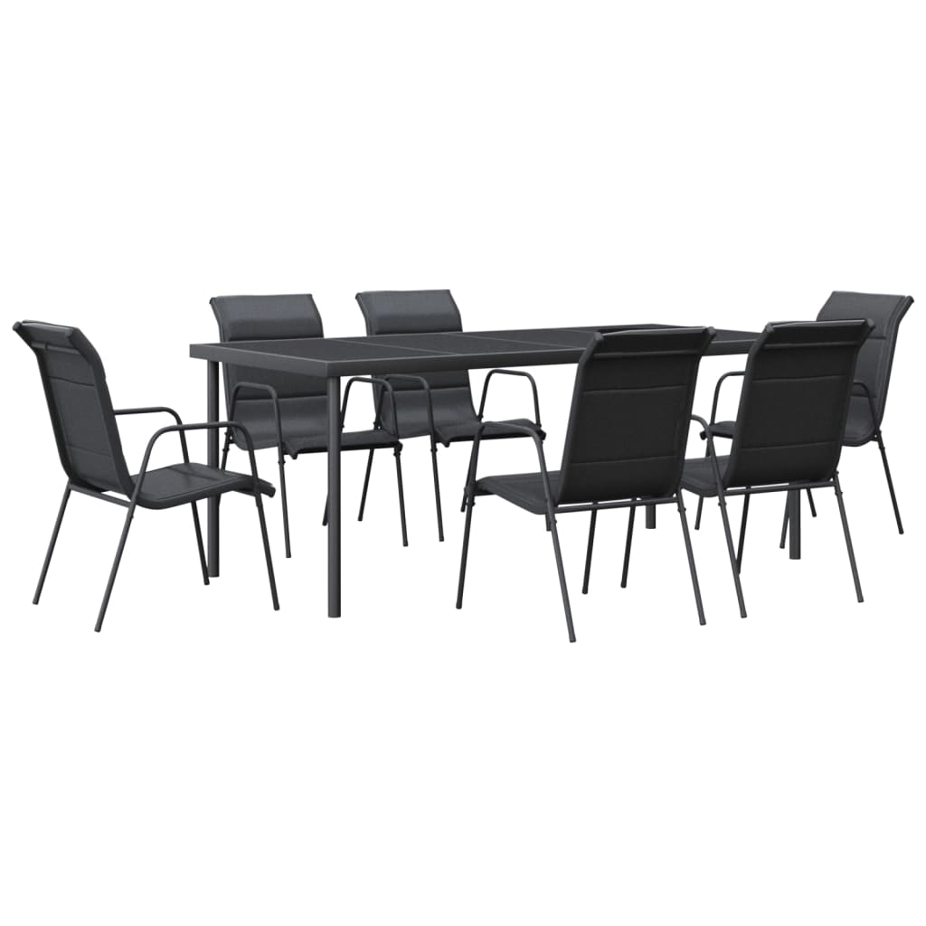 7 Piece Patio Dining Set Black Steel and Textilene