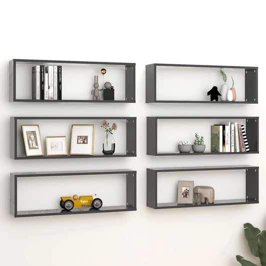 Wall Cube Shelves 6 pcs Gray 31.5"x5.9"x10.4" Engineered Wood