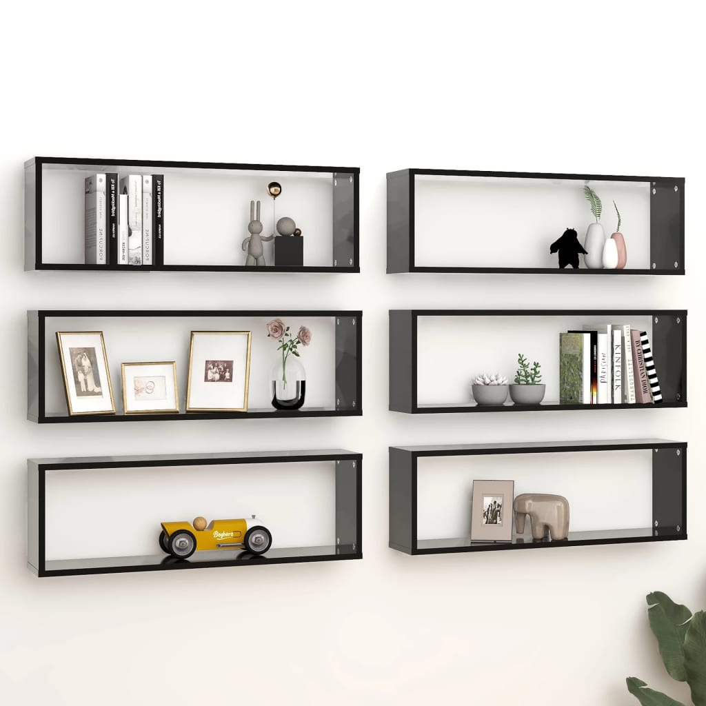 Wall Cube Shelves 6 pcs Black 31.5"x5.9"x10.4" Engineered Wood