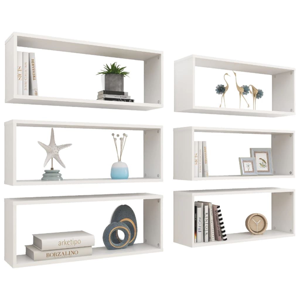 Wall Cube Shelves 6 pcs White 23.6"x5.9"x9.1" Engineered Wood